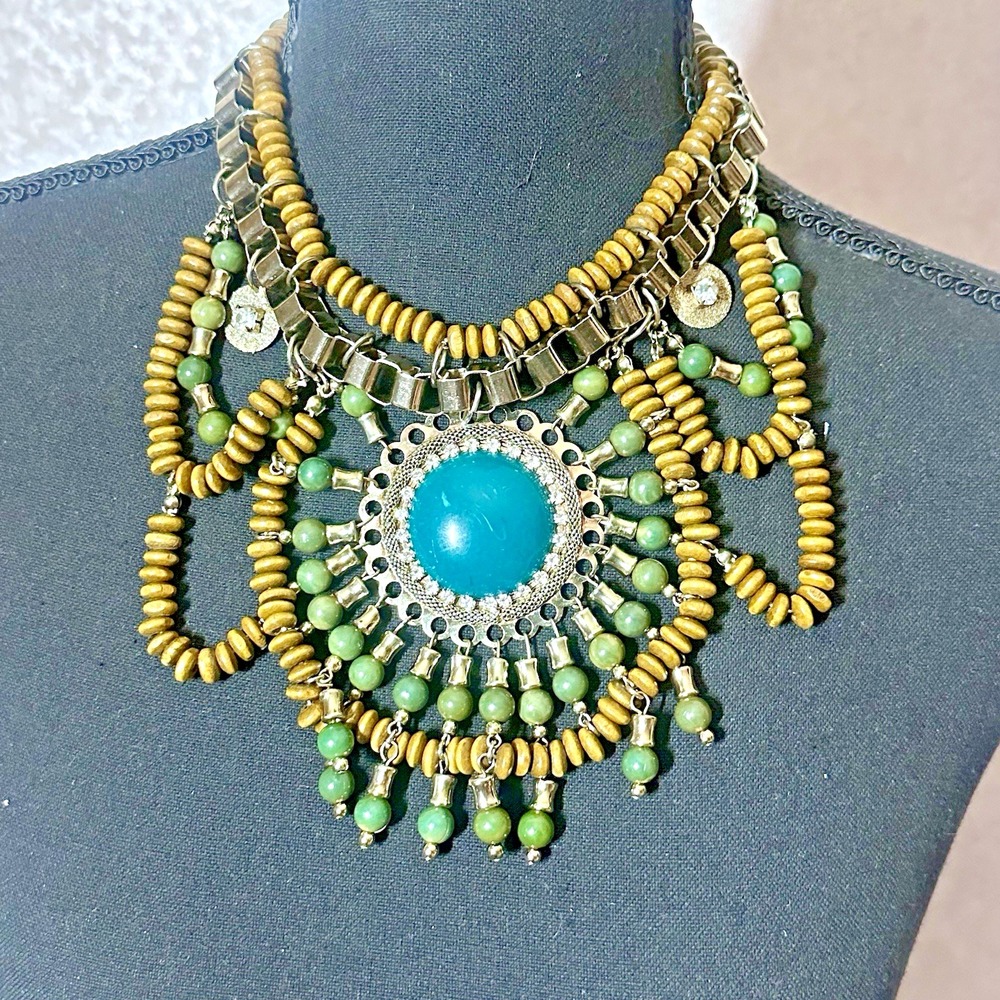 Chunky Statement Fashion Wooden green bead‎ rhinestone necklace